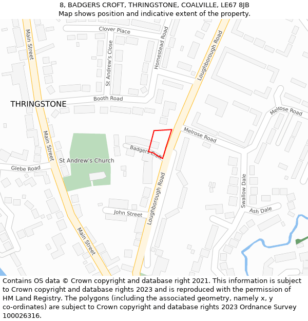 8, BADGERS CROFT, THRINGSTONE, COALVILLE, LE67 8JB: Location map and indicative extent of plot