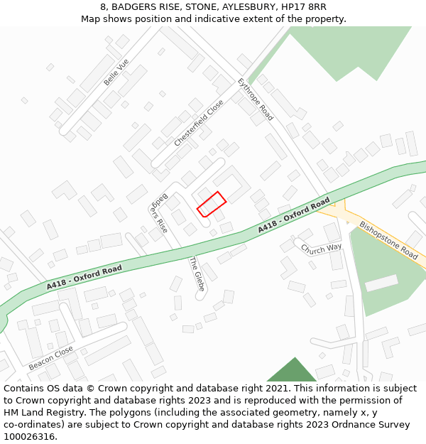 8, BADGERS RISE, STONE, AYLESBURY, HP17 8RR: Location map and indicative extent of plot