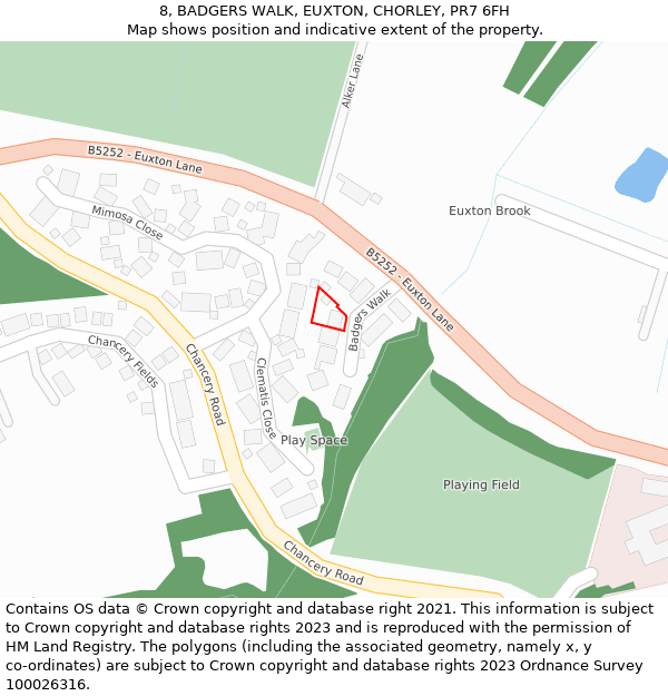 8, BADGERS WALK, EUXTON, CHORLEY, PR7 6FH: Location map and indicative extent of plot