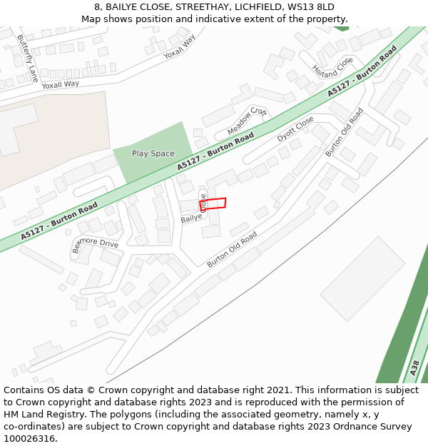 8, BAILYE CLOSE, STREETHAY, LICHFIELD, WS13 8LD: Location map and indicative extent of plot