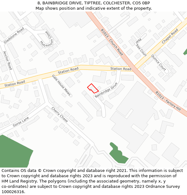 8, BAINBRIDGE DRIVE, TIPTREE, COLCHESTER, CO5 0BP: Location map and indicative extent of plot