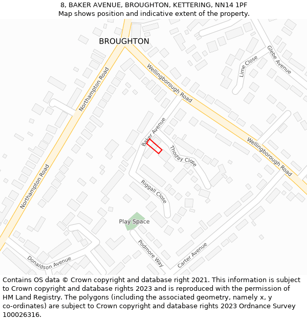 8, BAKER AVENUE, BROUGHTON, KETTERING, NN14 1PF: Location map and indicative extent of plot
