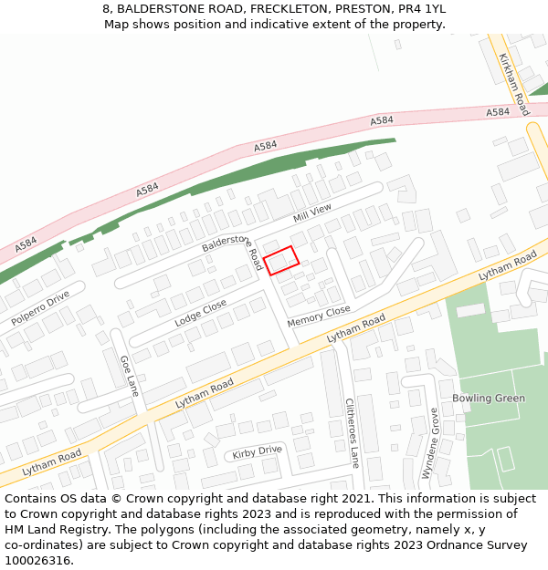 8, BALDERSTONE ROAD, FRECKLETON, PRESTON, PR4 1YL: Location map and indicative extent of plot