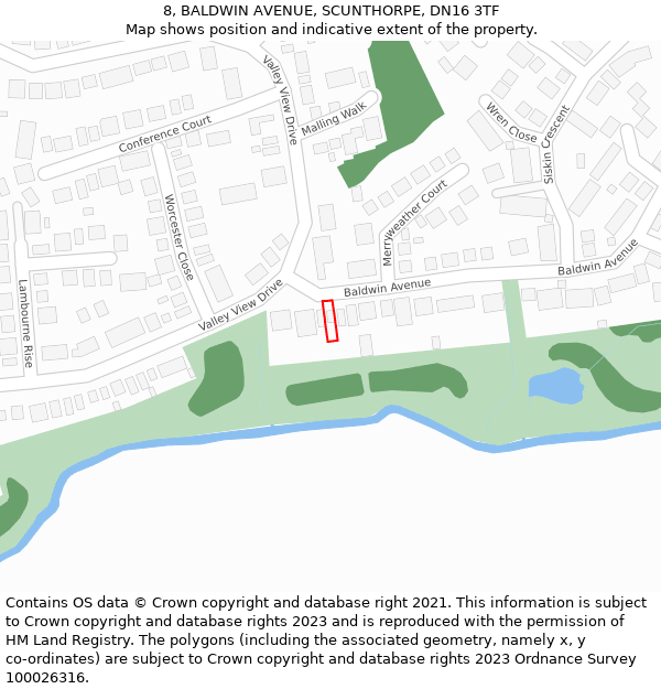 8, BALDWIN AVENUE, SCUNTHORPE, DN16 3TF: Location map and indicative extent of plot