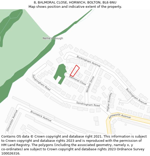 8, BALMORAL CLOSE, HORWICH, BOLTON, BL6 6NU: Location map and indicative extent of plot