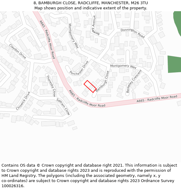 8, BAMBURGH CLOSE, RADCLIFFE, MANCHESTER, M26 3TU: Location map and indicative extent of plot