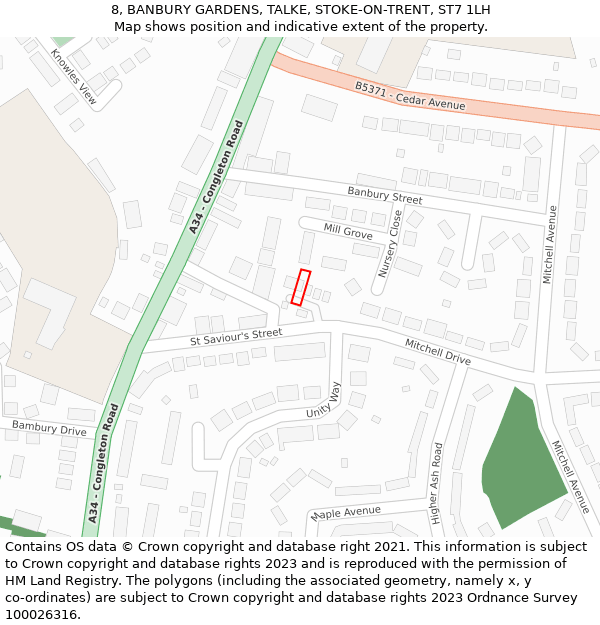 8, BANBURY GARDENS, TALKE, STOKE-ON-TRENT, ST7 1LH: Location map and indicative extent of plot