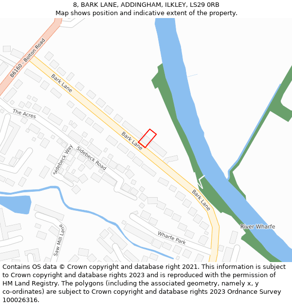 8, BARK LANE, ADDINGHAM, ILKLEY, LS29 0RB: Location map and indicative extent of plot