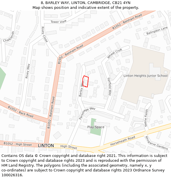 8, BARLEY WAY, LINTON, CAMBRIDGE, CB21 4YN: Location map and indicative extent of plot