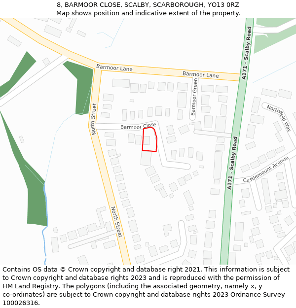 8, BARMOOR CLOSE, SCALBY, SCARBOROUGH, YO13 0RZ: Location map and indicative extent of plot