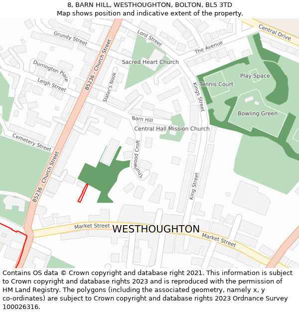 8, BARN HILL, WESTHOUGHTON, BOLTON, BL5 3TD: Location map and indicative extent of plot