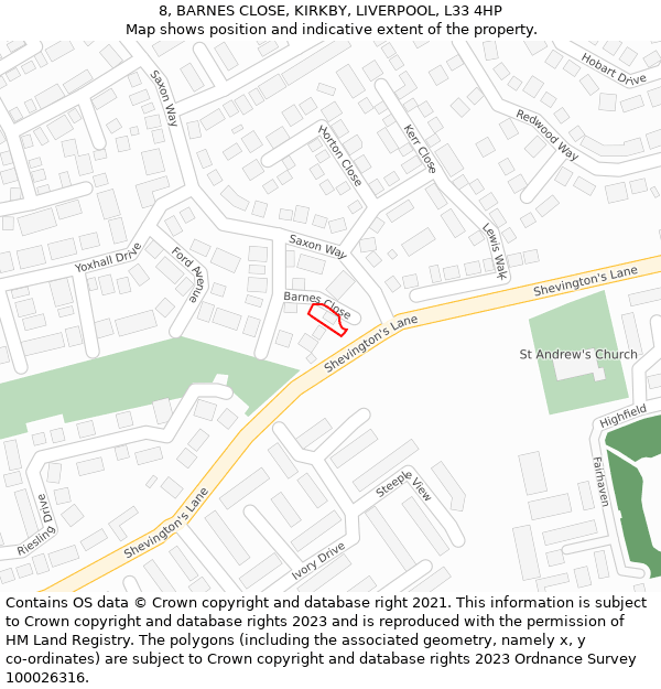 8, BARNES CLOSE, KIRKBY, LIVERPOOL, L33 4HP: Location map and indicative extent of plot