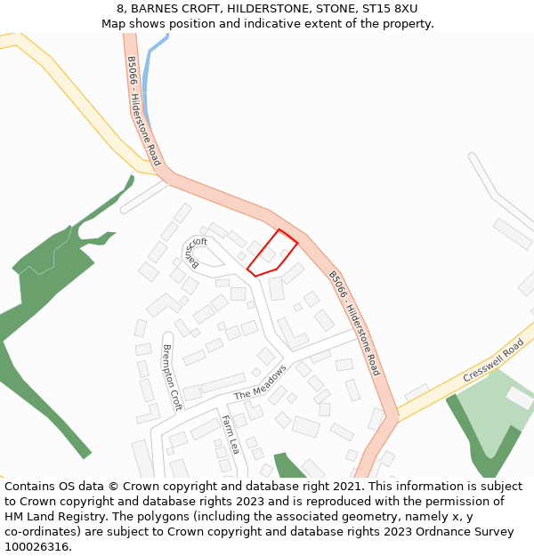 8, BARNES CROFT, HILDERSTONE, STONE, ST15 8XU: Location map and indicative extent of plot