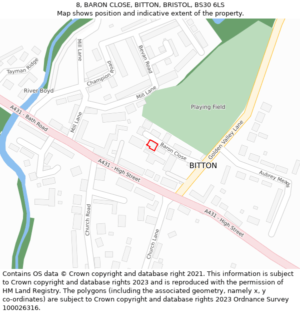 8, BARON CLOSE, BITTON, BRISTOL, BS30 6LS: Location map and indicative extent of plot