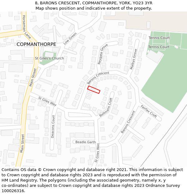 8, BARONS CRESCENT, COPMANTHORPE, YORK, YO23 3YR: Location map and indicative extent of plot