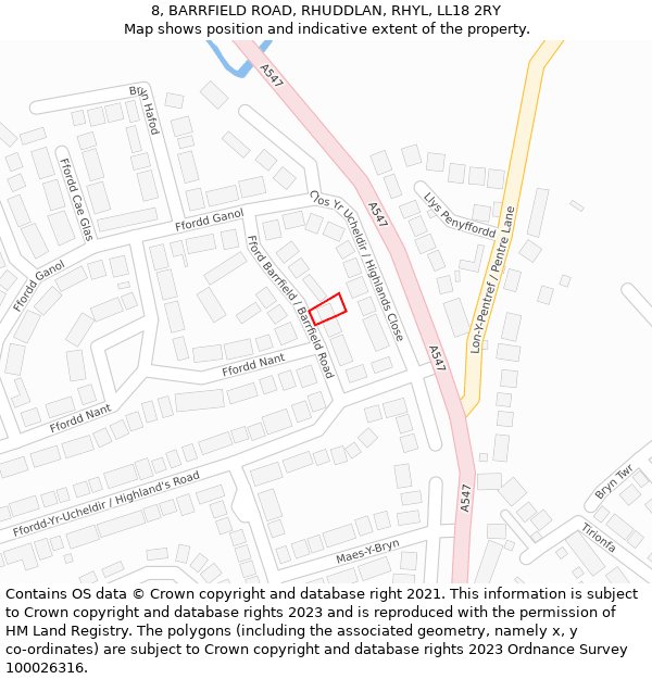 8, BARRFIELD ROAD, RHUDDLAN, RHYL, LL18 2RY: Location map and indicative extent of plot