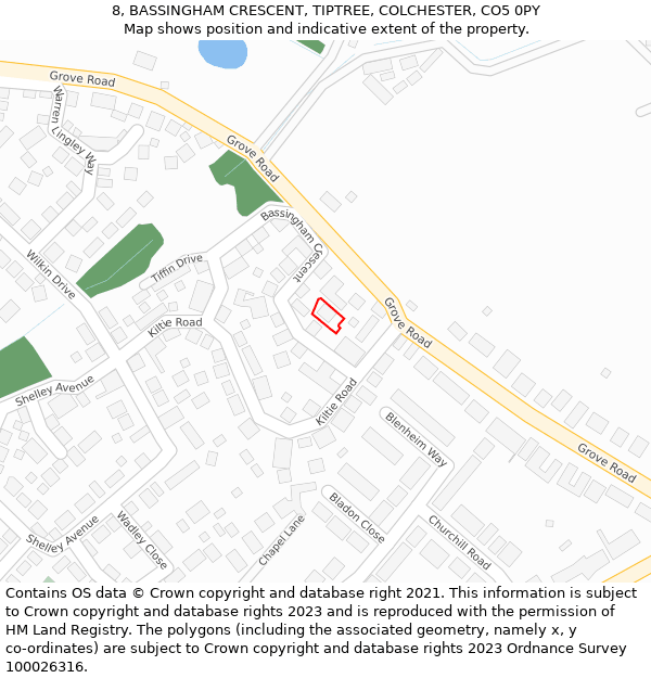 8, BASSINGHAM CRESCENT, TIPTREE, COLCHESTER, CO5 0PY: Location map and indicative extent of plot