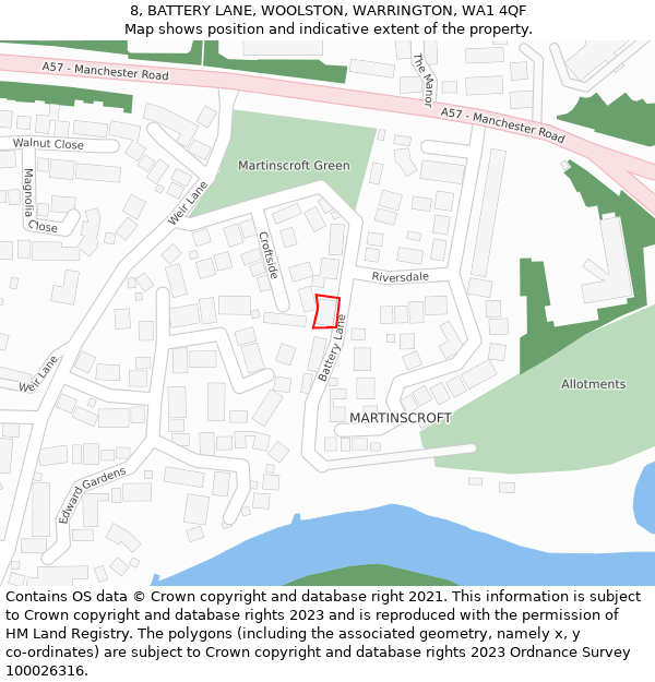8, BATTERY LANE, WOOLSTON, WARRINGTON, WA1 4QF: Location map and indicative extent of plot