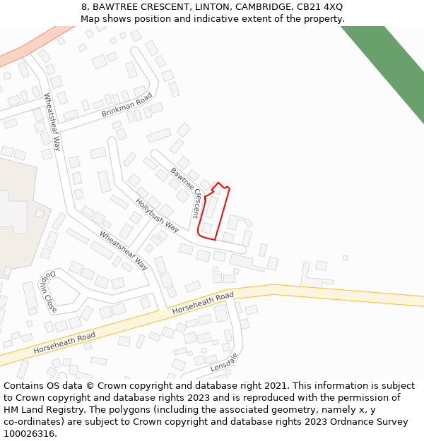 8, BAWTREE CRESCENT, LINTON, CAMBRIDGE, CB21 4XQ: Location map and indicative extent of plot