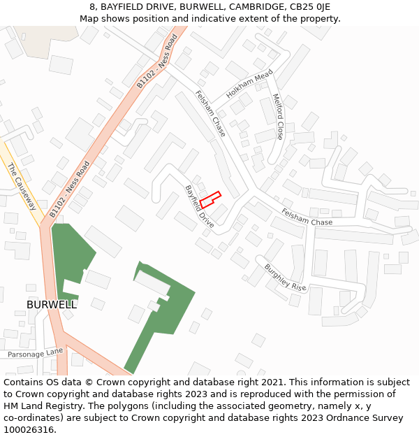 8, BAYFIELD DRIVE, BURWELL, CAMBRIDGE, CB25 0JE: Location map and indicative extent of plot