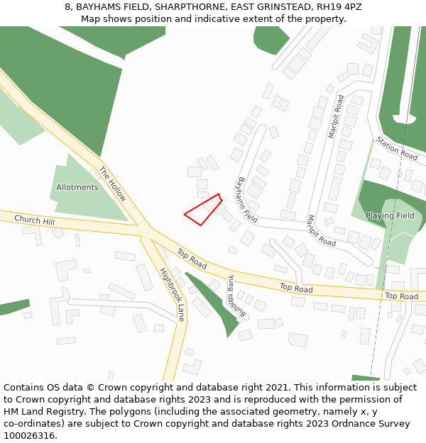 8, BAYHAMS FIELD, SHARPTHORNE, EAST GRINSTEAD, RH19 4PZ: Location map and indicative extent of plot