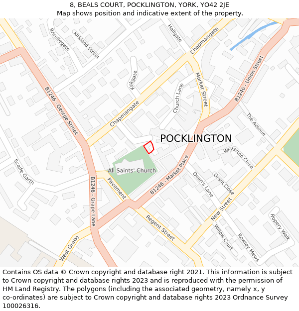 8, BEALS COURT, POCKLINGTON, YORK, YO42 2JE: Location map and indicative extent of plot