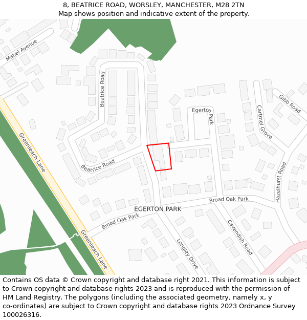 8, BEATRICE ROAD, WORSLEY, MANCHESTER, M28 2TN: Location map and indicative extent of plot