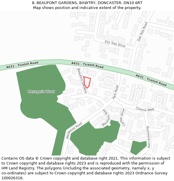 8, BEAUFONT GARDENS, BAWTRY, DONCASTER, DN10 6RT: Location map and indicative extent of plot