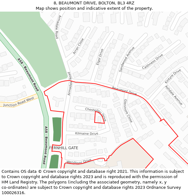8, BEAUMONT DRIVE, BOLTON, BL3 4RZ: Location map and indicative extent of plot