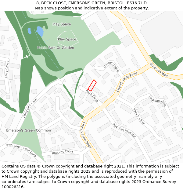 8, BECK CLOSE, EMERSONS GREEN, BRISTOL, BS16 7HD: Location map and indicative extent of plot
