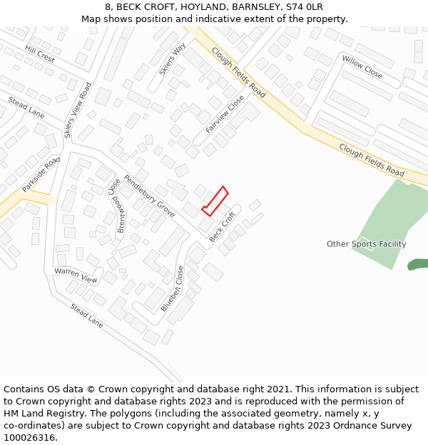 8, BECK CROFT, HOYLAND, BARNSLEY, S74 0LR: Location map and indicative extent of plot