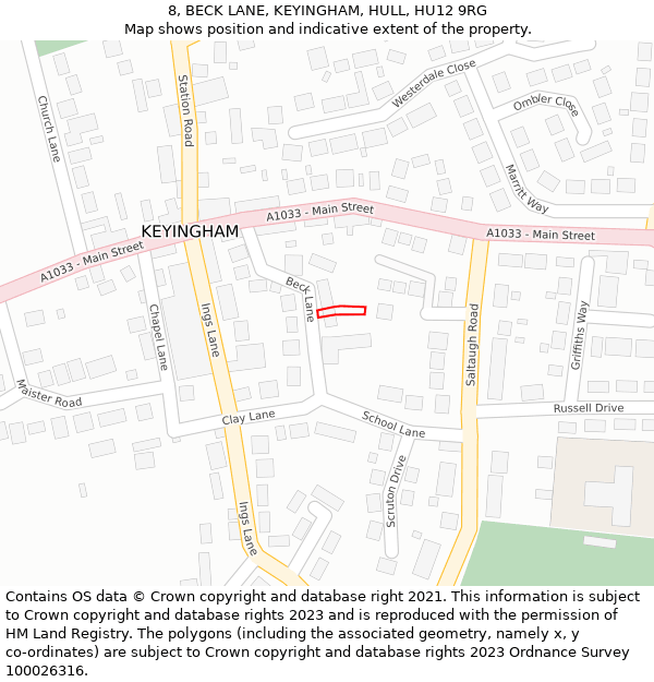 8, BECK LANE, KEYINGHAM, HULL, HU12 9RG: Location map and indicative extent of plot