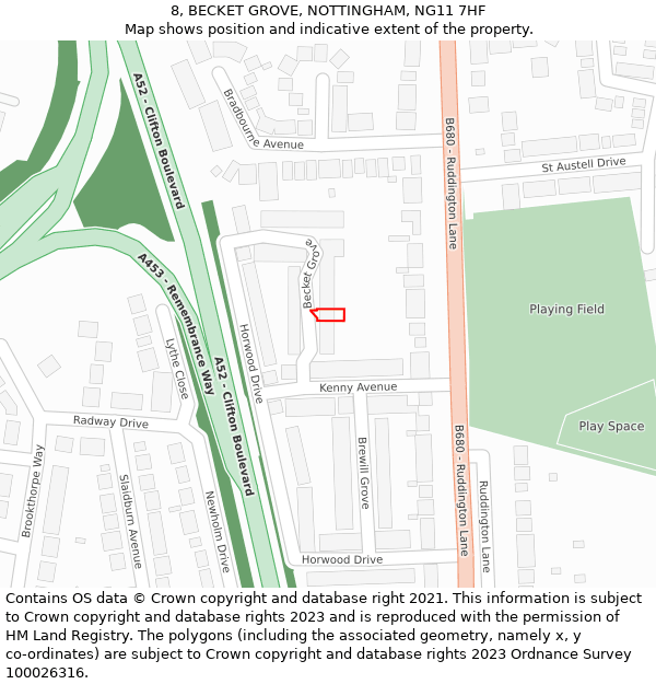 8, BECKET GROVE, NOTTINGHAM, NG11 7HF: Location map and indicative extent of plot