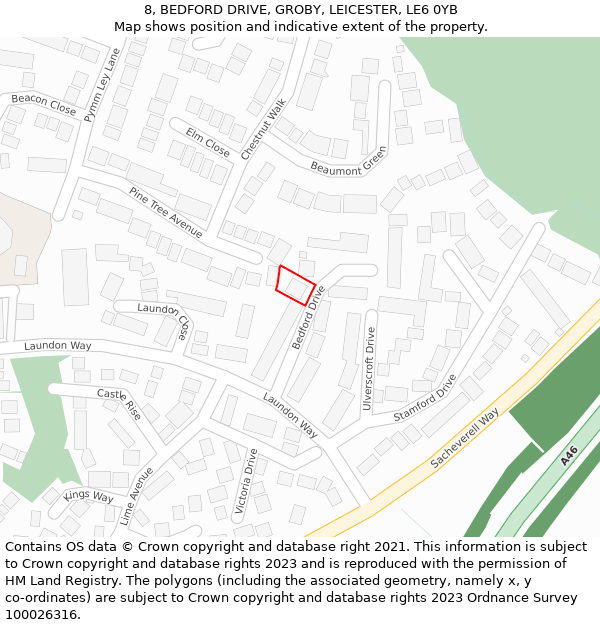 8, BEDFORD DRIVE, GROBY, LEICESTER, LE6 0YB: Location map and indicative extent of plot