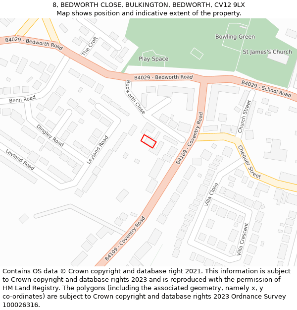 8, BEDWORTH CLOSE, BULKINGTON, BEDWORTH, CV12 9LX: Location map and indicative extent of plot