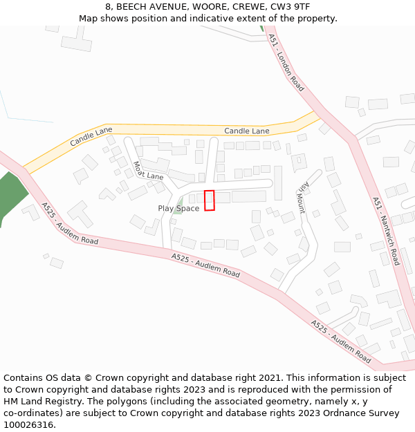 8, BEECH AVENUE, WOORE, CREWE, CW3 9TF: Location map and indicative extent of plot