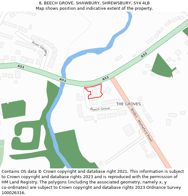 8, BEECH GROVE, SHAWBURY, SHREWSBURY, SY4 4LB: Location map and indicative extent of plot