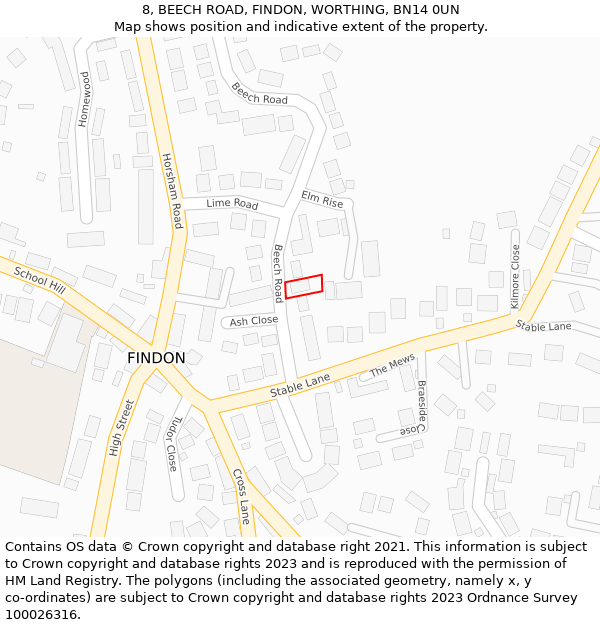 8, BEECH ROAD, FINDON, WORTHING, BN14 0UN: Location map and indicative extent of plot