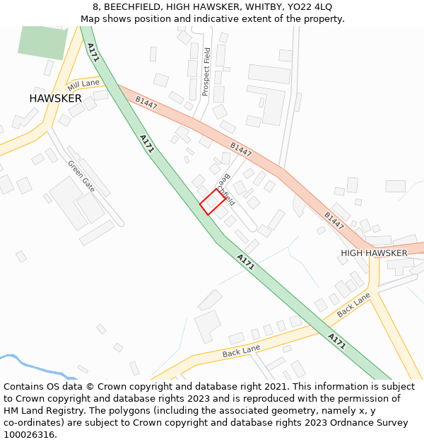 8, BEECHFIELD, HIGH HAWSKER, WHITBY, YO22 4LQ: Location map and indicative extent of plot