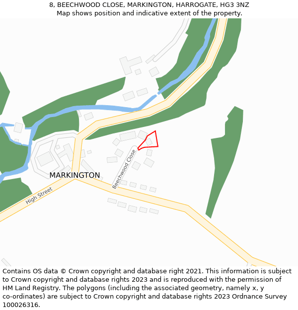 8, BEECHWOOD CLOSE, MARKINGTON, HARROGATE, HG3 3NZ: Location map and indicative extent of plot