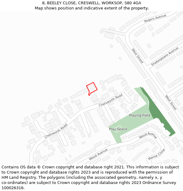 8, BEELEY CLOSE, CRESWELL, WORKSOP, S80 4GA: Location map and indicative extent of plot