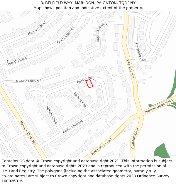 8, BELFIELD WAY, MARLDON, PAIGNTON, TQ3 1NY: Location map and indicative extent of plot