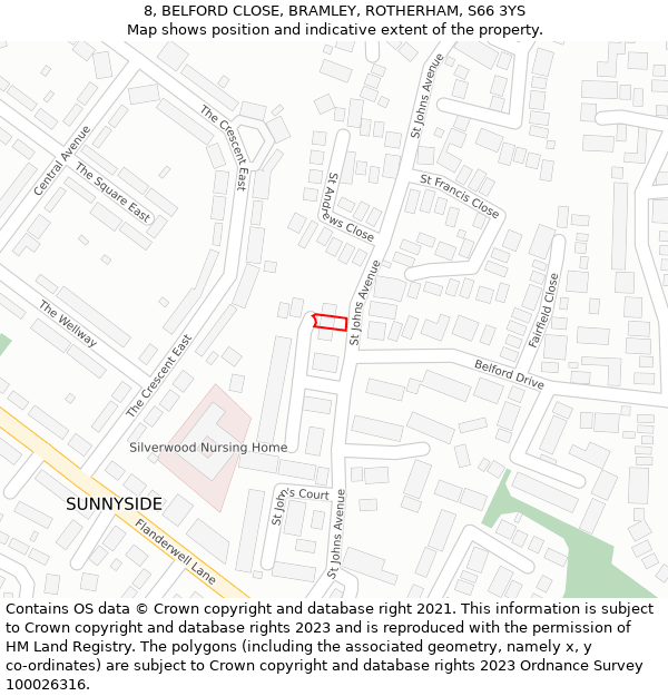 8, BELFORD CLOSE, BRAMLEY, ROTHERHAM, S66 3YS: Location map and indicative extent of plot