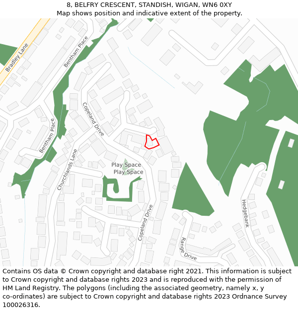 8, BELFRY CRESCENT, STANDISH, WIGAN, WN6 0XY: Location map and indicative extent of plot