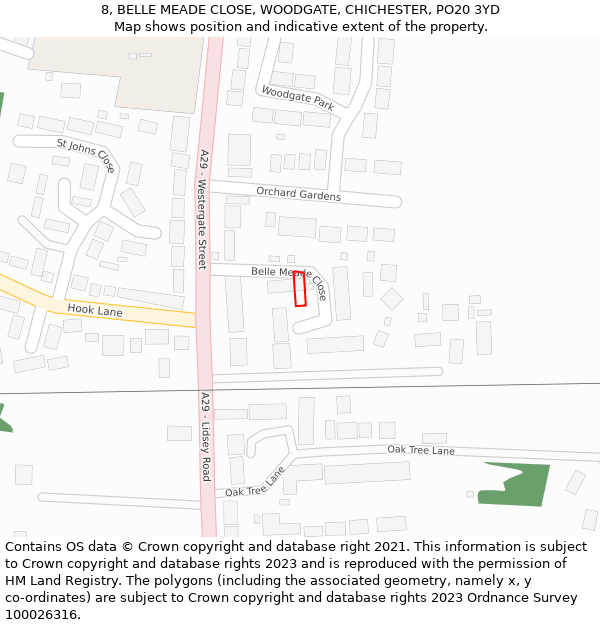 8, BELLE MEADE CLOSE, WOODGATE, CHICHESTER, PO20 3YD: Location map and indicative extent of plot