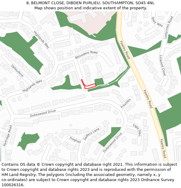 8, BELMONT CLOSE, DIBDEN PURLIEU, SOUTHAMPTON, SO45 4NL: Location map and indicative extent of plot