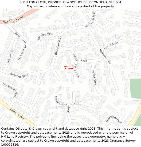 8, BELTON CLOSE, DRONFIELD WOODHOUSE, DRONFIELD, S18 8QT: Location map and indicative extent of plot