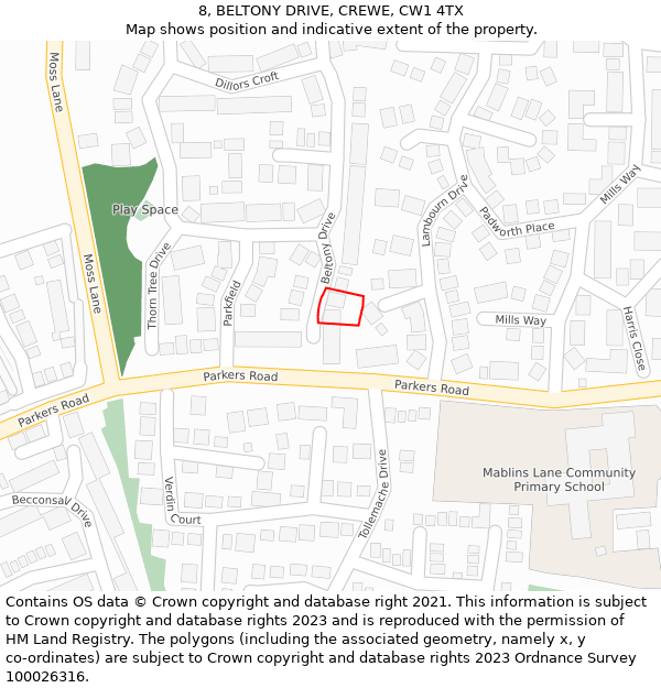 8, BELTONY DRIVE, CREWE, CW1 4TX: Location map and indicative extent of plot