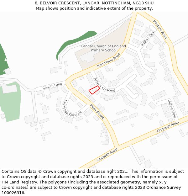 8, BELVOIR CRESCENT, LANGAR, NOTTINGHAM, NG13 9HU: Location map and indicative extent of plot