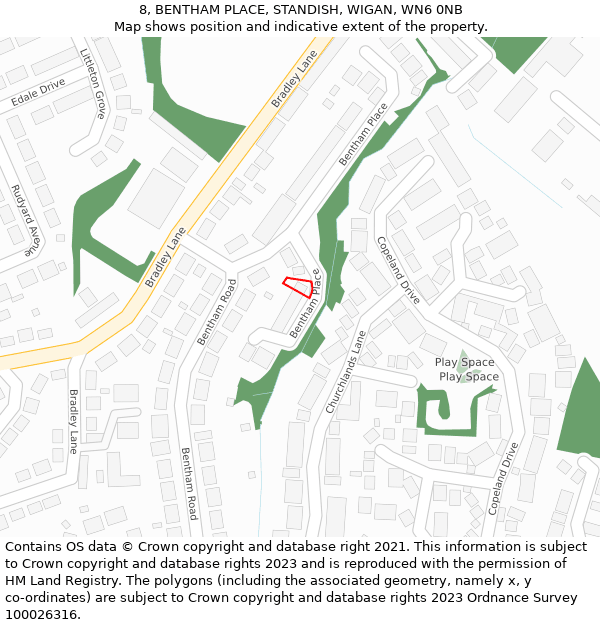 8, BENTHAM PLACE, STANDISH, WIGAN, WN6 0NB: Location map and indicative extent of plot